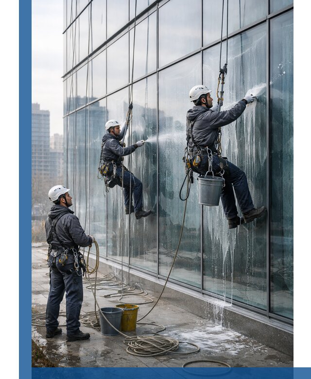 Промышленная мойка панорамных окон на высоте в Пыти-Яхах