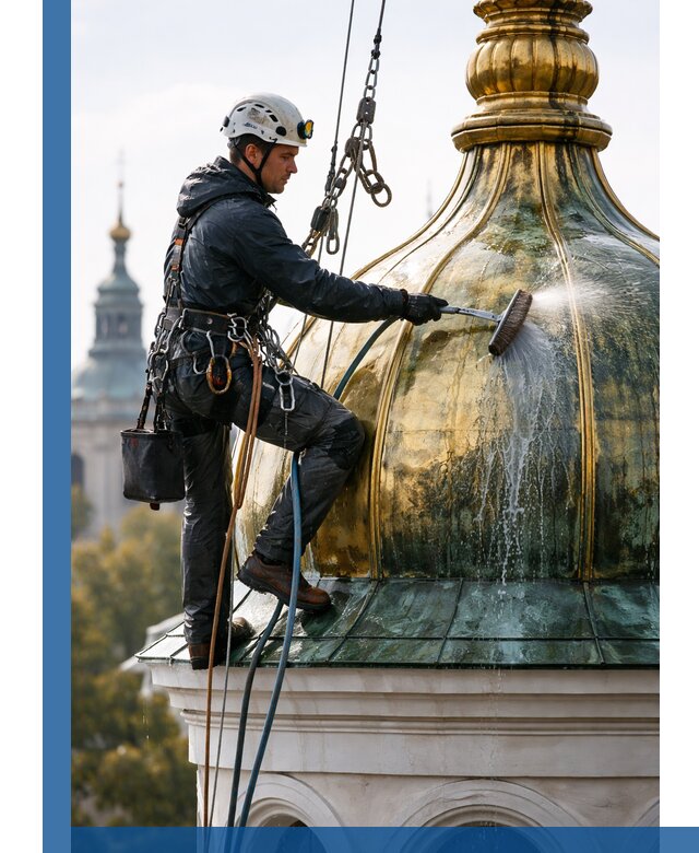 Профессиональная мойка куполов и шпилей высотными альпинистами в Пыти-Яхах