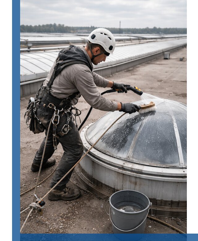 Мойка зенитных фонарей на кровле для промышленных объектов в Пыти-Яхах