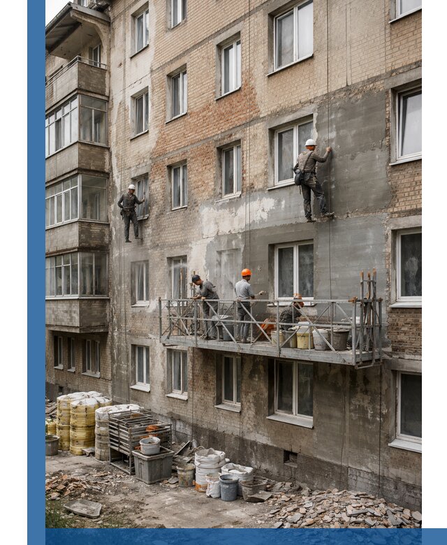 Капитальный ремонт фасада в Пыти-Яхах с восстановлением и гидроизоляцией