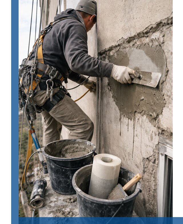 Ремонт бетонных элементов фасада промышленными альпинистами в Пыти-Яхах