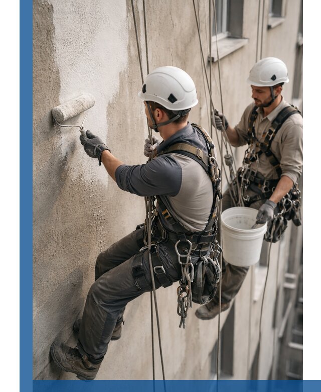 Грунтовка фасада на высоте в Пыти-Яхах промышленными альпинистами