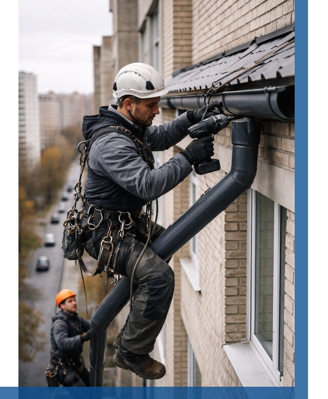 Монтаж водосточной системы на здании в Пыти-Яхах от 5087 р. | ВЫСОТНИК-Пть