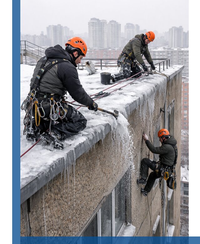 Удаление наледи с кровли в Пыти-Яхах промышленными альпинистами