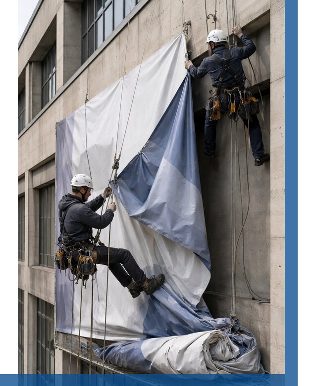 Демонтаж баннеров с фасада в Пыти-Яхах от 4578 р. | ВЫСОТНИК-Пть