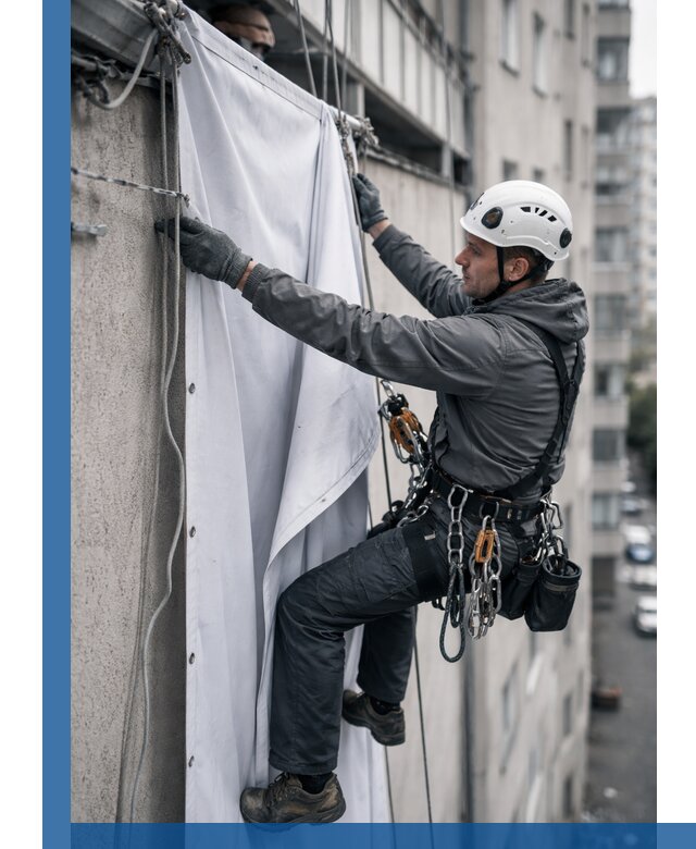 Замена баннерного полотна промышленными альпинистами в Пыти-Яхах