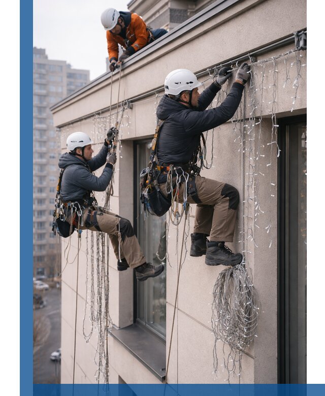 Монтаж праздничных гирлянд на фасаде в Пыти-Яхах для зданий