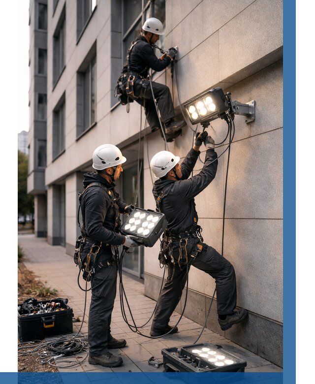 Монтаж прожекторов на фасаде в Пыти-Яхах от 7630 р. | ВЫСОТНИК-Пть