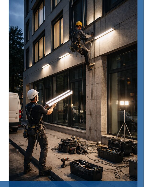 Монтаж архитектурной подсветки здания в Пыти-Яхах от 2543 р.|ВЫСОТНИК-Пть