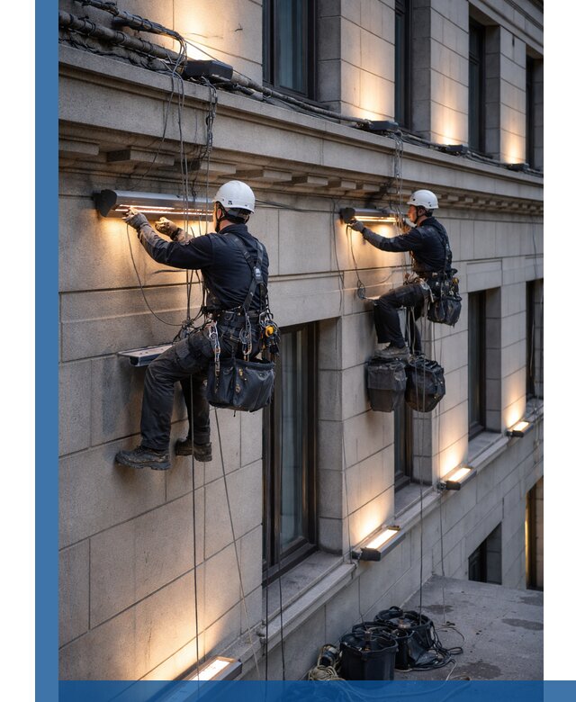 Монтаж архитектурной подсветки фасадов зданий в Пыти-Яхах