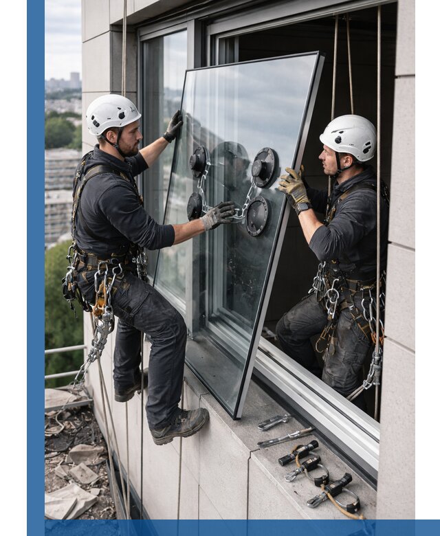 Замена стеклопакетов на высоте с промышленными альпинистами в Пыти-Яхах