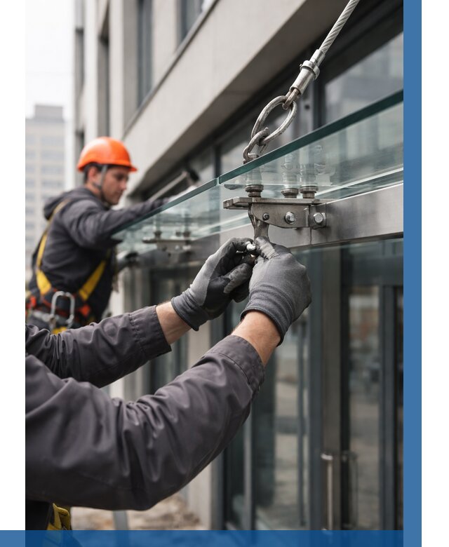 Монтаж стеклянных козырьков в Пыти-Яхах от 8647 р. | ВЫСОТНИК-Пть