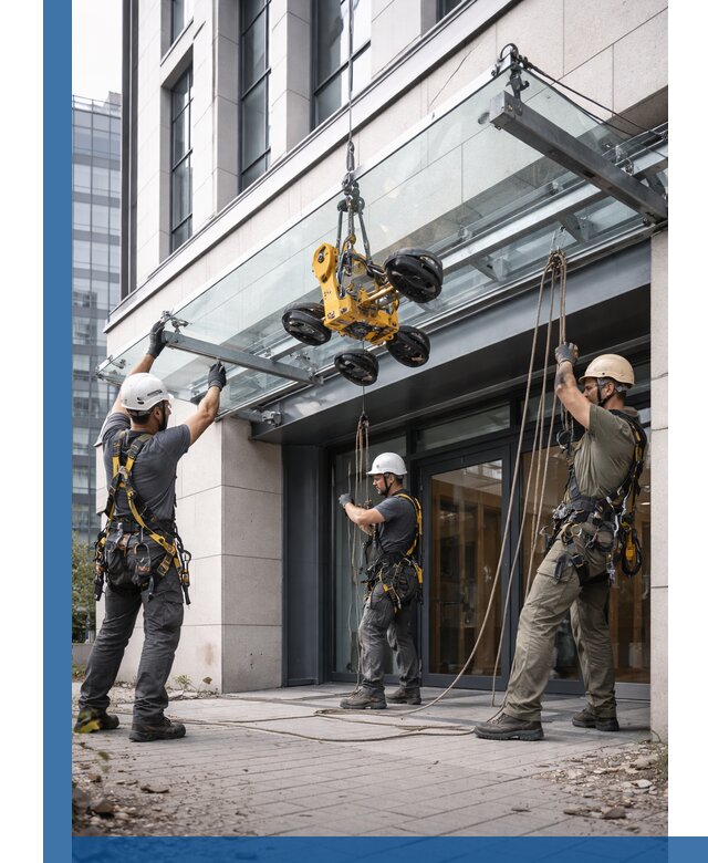 Монтаж стеклянных козырьков под ключ в Пыти-Яхах для зданий