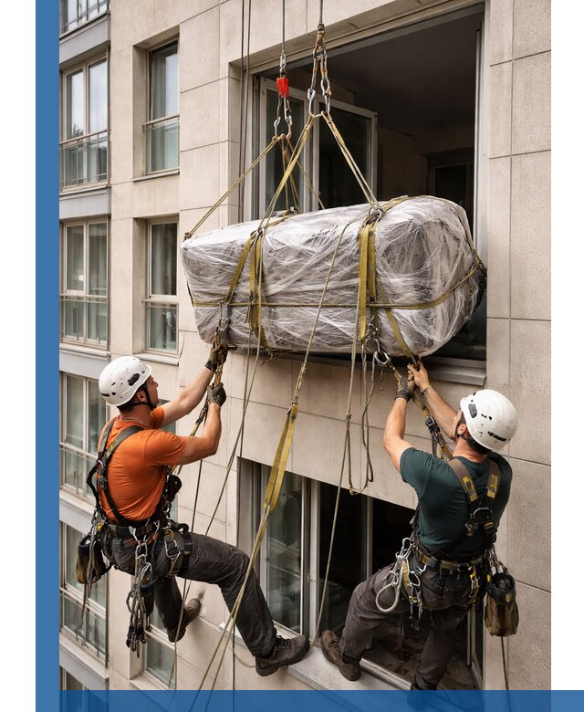 Подъем грузов через окно в Пыти-Яхах промышленными альпинистами