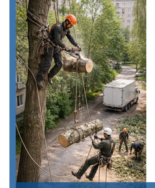 Спил деревьев альпинистами в Пыти-Яхах, безопасно и без повреждений