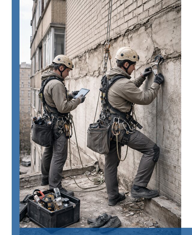 Обследование фасада промышленными альпинистами в Пыти-Яхах